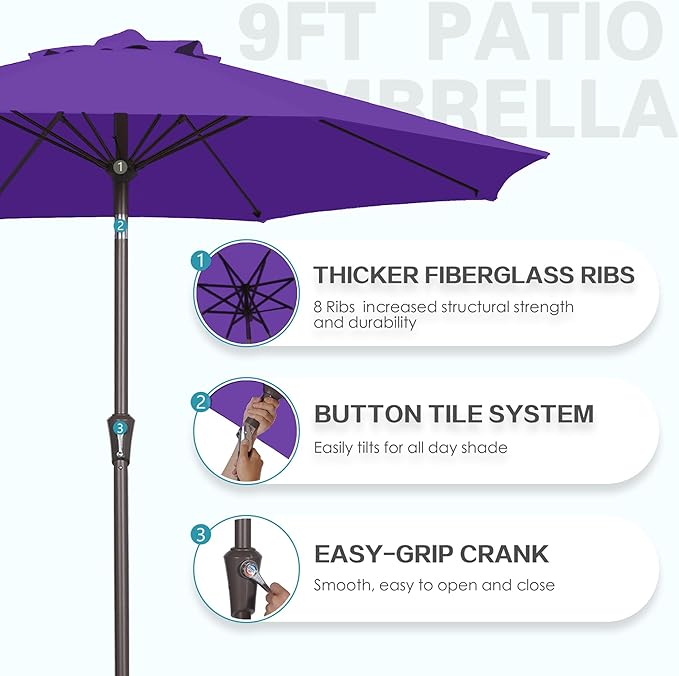 PatioKingdom 9FT Patio Outdoor Umbrella-UPF 50+ Sun Shade with Wind Vent, Push-Button Tilt & Smooth Crank Lift, Rust-Resistant Fiberglass Frame for Garden, Backyard,Yard (Dark Purple, 9FT)