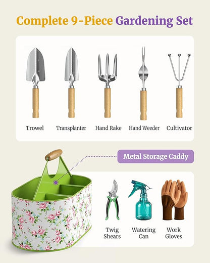 9-Piece Garden Tool Set, Heavy Duty Metal Storage Basket with 4 Compartments, Premium Stainless Steel Gardening Tools with Ergonomic Gardening Kit for Planting, Gardening Gift for Men Women