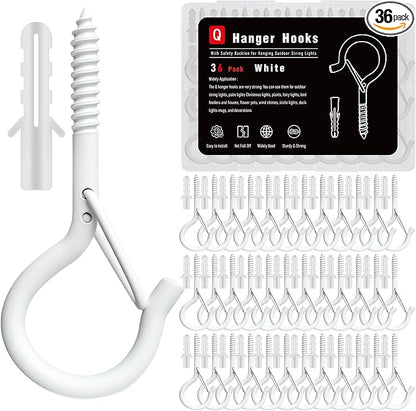 36 Pack White Screw Hooks with Safety Buckle - 2.3 Inch Rustproof Eye Ceiling Hooks for Hanging Plants,Outdoor String Lights,Baskets,Christmas Lights & Decor,40lb Capacity (36, White)