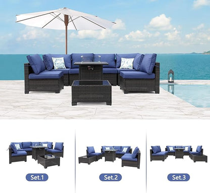 8 Pieces Patio Furniture Set with 28" Fire Pit Table, Wicker Outdoor Sectional Couch, Rattan Conversation Set for Backyard, Deck, Garden Lawn, Brown/Blue