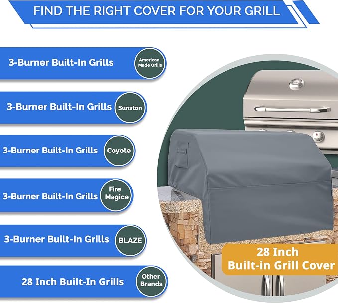 Covers & All Built-in Grill Cover for Outdoor Grill – Heavy Duty 12 oz Waterproof Built-in BBQ Grill Cover, PVC-Coated Polyester with Elastic Hem for Snug Fit (42 x 28 x 14 inches, Grey)
