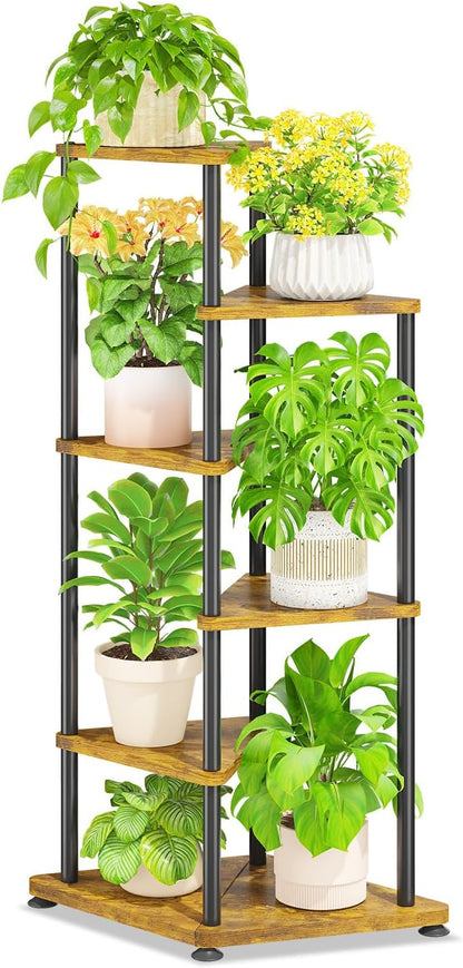 LASZOLA 5 Tier Tall Wood Plant Stand Indoor, Heavy Duty Corner Plant Rack for Large Planters, Multi Level Vertical Metal Flower Holder Display Shelf for Living Room Patio Balcony Garden, Rustic Brown