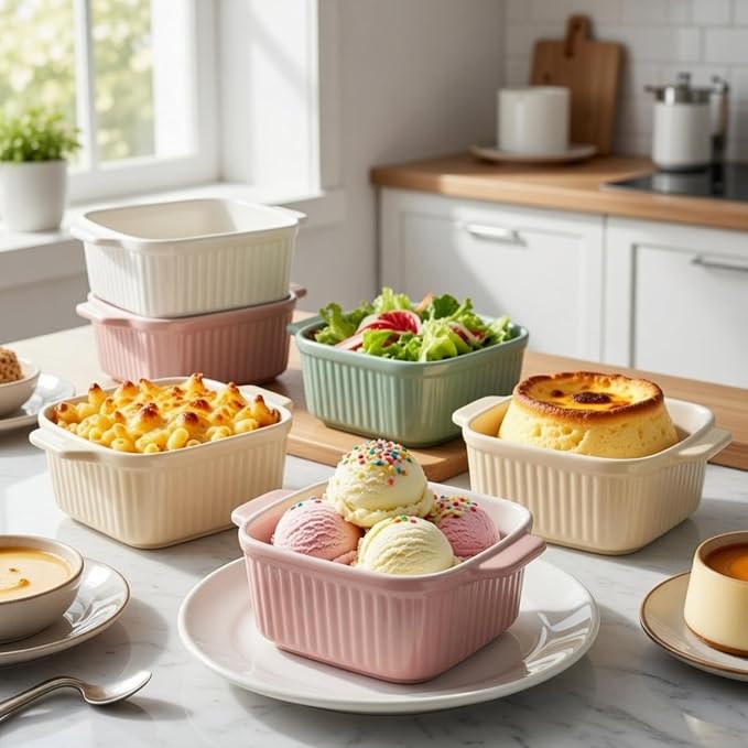 LemonRoad 8 Pcs Small Ceramic Baking Dishes with Dual Handles, 13.5 oz Oven Safe Individual Casserole Pan Ramekin Bowls Microwave Dishwasher Safe for Serving, Desserts Storage(Square)
