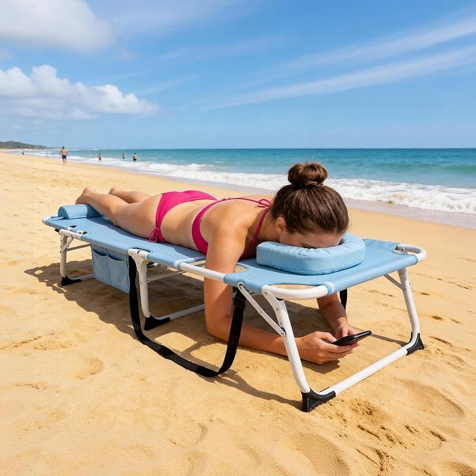 ABORON 3-in-1 Tanning Chair, 5-Position with Face and Arm Holes | 5-position reclining chair includes a removable mat, pillow, face hole and arm slots; folds flat for beach or patio use.