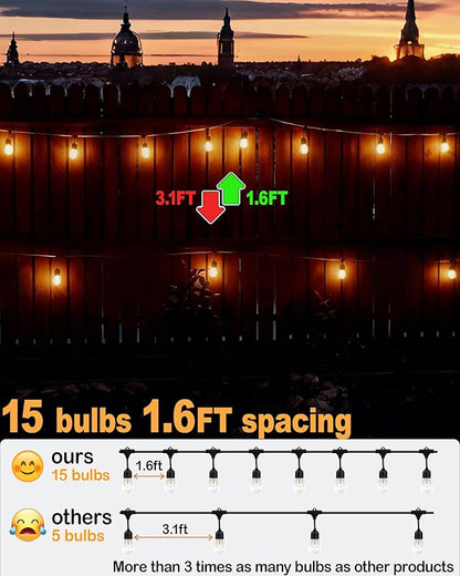 25FT Outdoor String Lights Waterproof with 16 Edison Bulbs 1.6FT Spacing, 120V Patio Lights, LED Hanging Lights for Porch, Balcony, Gazebo, Yard, Garden, Backyard, Camping and Party Decor