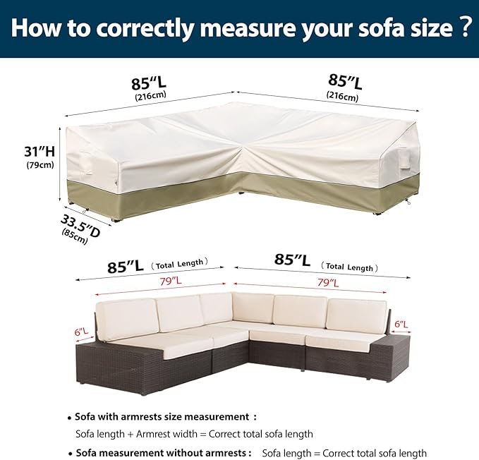 Outdoor Sectional Patio Furniture Covers - Waterproof Rip-Stop Anti-UV 600D Heavy Duty Couch Cover with 3 Air Vent - 85''L x 33.5''D x 31''H, Light Green
