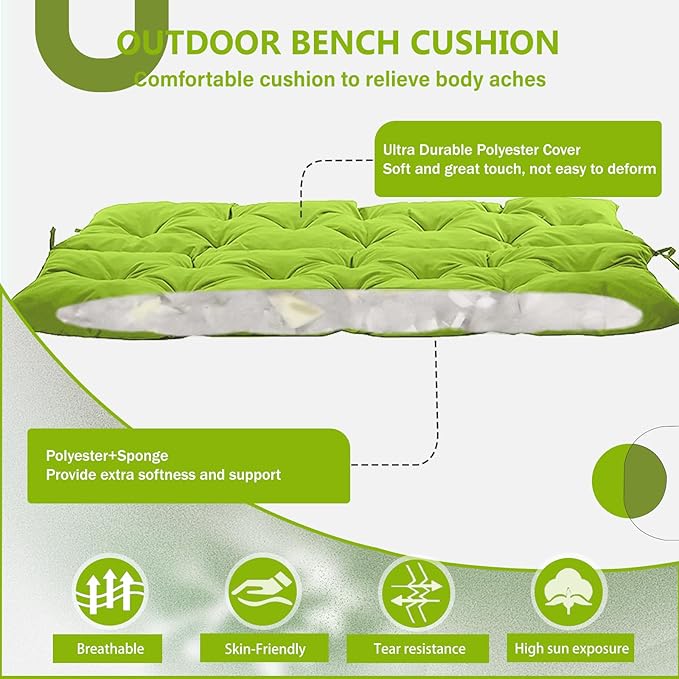2/3 Seater Swing Replacement Cushion, Waterproof Porch Swing Cushions with Backrest, Thickened Bench Cushions for Outdoor Furniture, for Outdoor Patio Swing (Grass Green, 40 * 40 in)