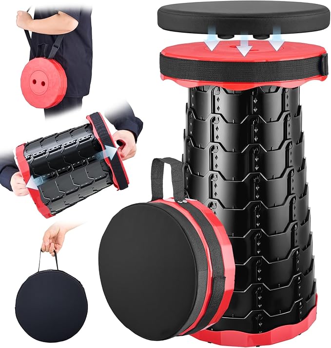 2026 Upgraded Collapsible Stool with Cushion, Portable Folding Stool for Adults Heavy Duty, Camping Stools for Outdoor Camping Travel Hiking Fishing, Adujstable Folding Chair Footrest,Red