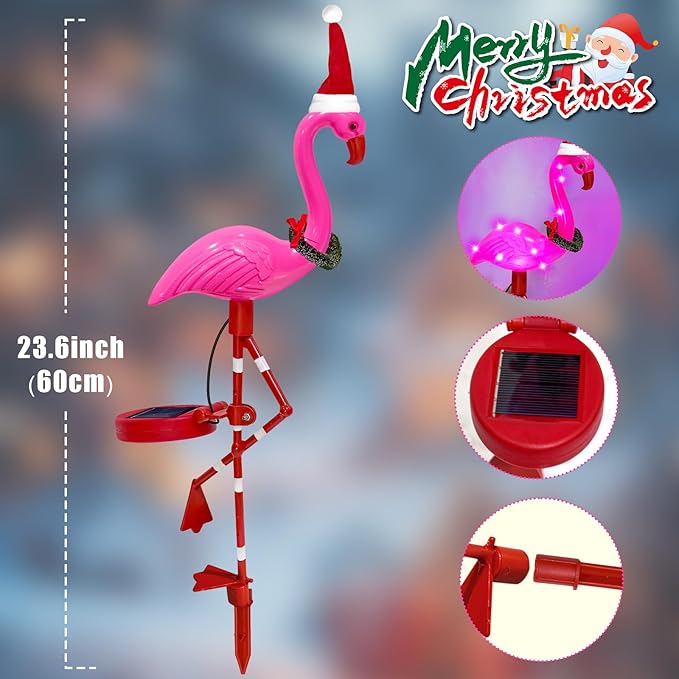 Solar Outdoor Lights Christmas Decor, Solar Xmas Flamingo Lights Waterproof Garden Decor, Flamingo Stake Lights for Yard Pathway Patio Festive Decoration-2 Pack