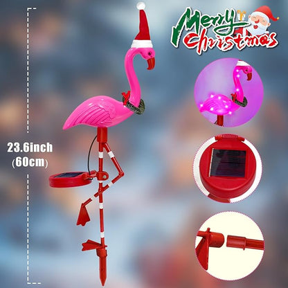 Solar Outdoor Lights Christmas Decor, Solar Xmas Flamingo Lights Waterproof Garden Decor, Flamingo Stake Lights for Yard Pathway Patio Festive Decoration-2 Pack