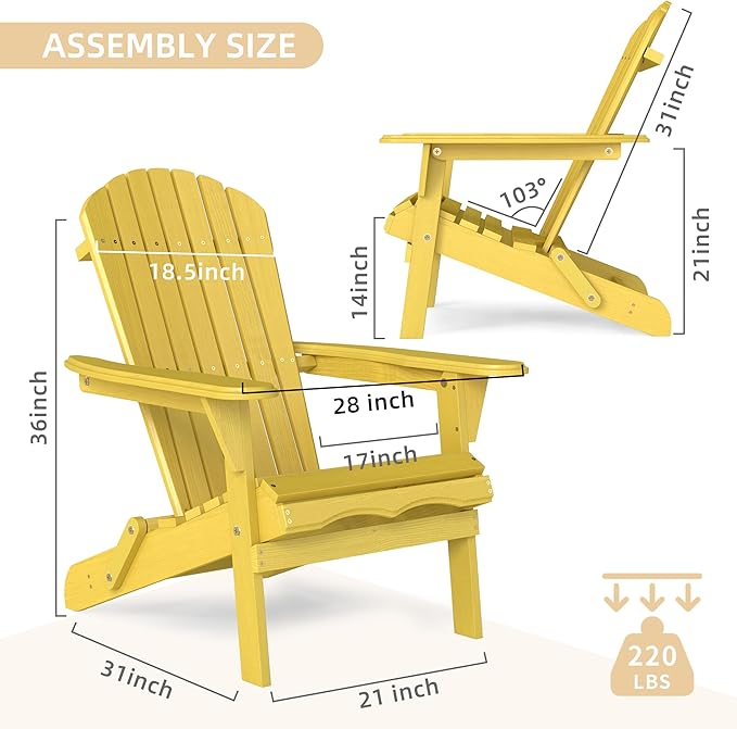 Outdoor Wooden Folding Adirondack Chair with Pre-Assembled BackRest & SeatBoard, Accent Furniture for Patio Backyard Garden Porch Deck Pool Firepit