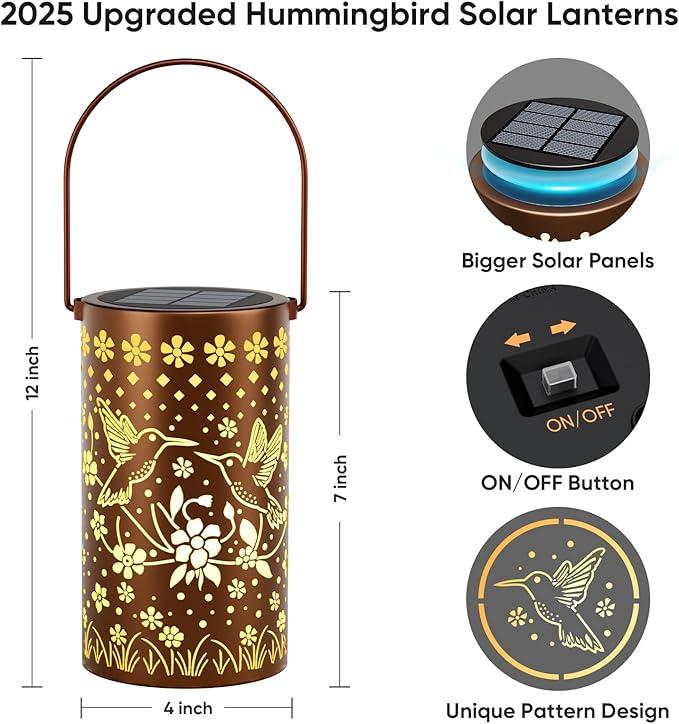 Hummingbird Solar Lanterns Outdoor Waterproof: Decorative Hanging Metal Lanterns for Patio Yard Pathway - Solar LED Garden Lights for Outdoor Decor - Xmas Gifts for Women Mom Grandma 2025 1 Pack