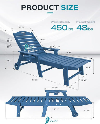 Ciokea Lounge Chair Outdoor Set of 4, Oversized Chaise Lounge Chair with 5 Positions, HDPE, Patio Lounge Chairs with Wheels & Cup Holder for Lawn, Pool, Deck, Poolside, Navy Blue