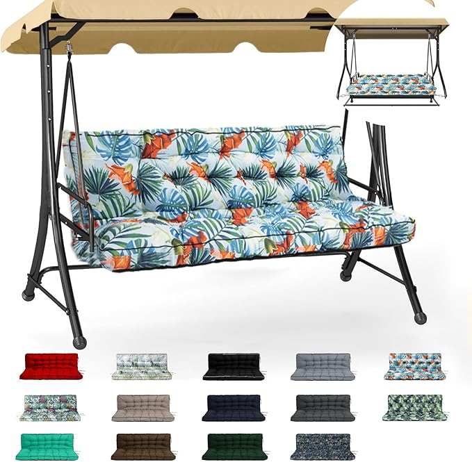 Swing Replacement Cushions with Backrest, 2 or 3 Seater Waterproof Non-Slip Overstuffed Swing Pad, Indoor/Outdoor Bench Cushion for Porch Chair Swing Garden Furniture (Summer, 40 * 63 in)
