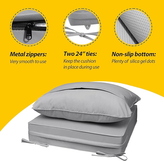 AAAAAcessories Outdoor Seat Cushions for Chairs, Fade-Resistant, Waterproof Patio Furniture Replacement Cushions, 23.5" x 25.5" x 5" + 23.5" x 19", Gray