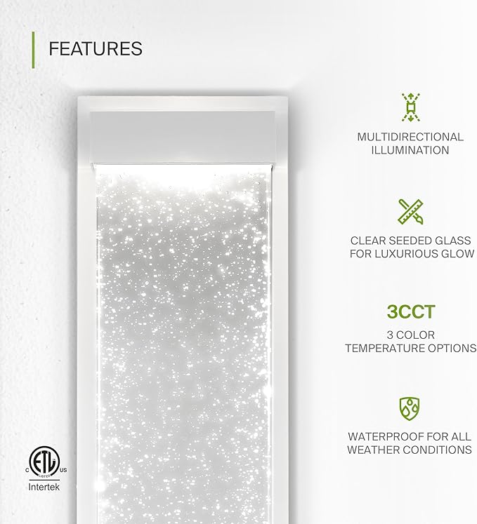 ASD LED 24" Bubble Glass Wall Light Fixture, Outdoor & Indoor Seeded Sconce | 3CCT, Waterproof, Dimmable, Up-Down Glow, ETL Listed | 22W 530LM 3000-5000K 100-277V | Porch Lighting | White, 2 Pack