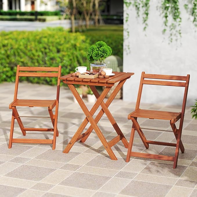 HAPPYGRILL 3 Piece Outdoor Wood Bistro Set, Solid Wood Furniture Set w/ 2 Folding Chairs & Dining Table, Slatted Seat & Tabletop, Patio Dining Set for Backyard, Poolside