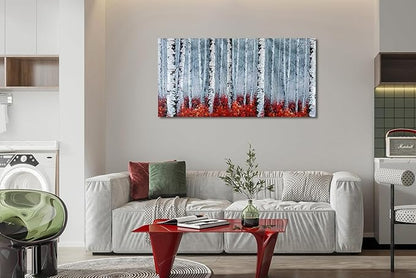 Arjun Birch Tree Wall Art White Landscape Painting Grey Canvas Forest Red Nature Panoramic Picture Rustic for Living Room Bedroom Home Office Decor, Large 48"x24"