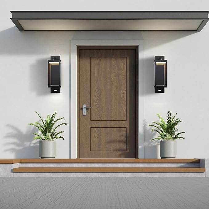 Outdoor Light Wall Sconce Motion Sensor Porch Light for House,15" LED Modern Exterior Lighting Fixture Black,Waterproof Outside Lantern with Clear Glass for Garage Patio Garden,750LM,3000K