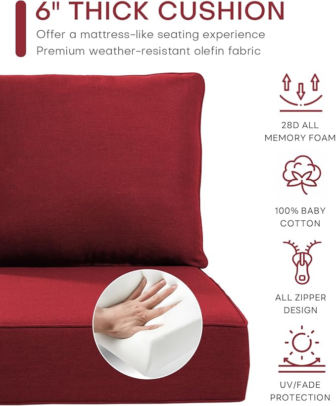 Luxury 22x24/22x25 6-Inch Outdoor Chair Cushions Set of 4 - Heavy Duty Water-Resistant Comfortable Cushion for Patio Furniture Set Dining Gliding Rocking Chairs Loveseat L-Shape Sofa - Red