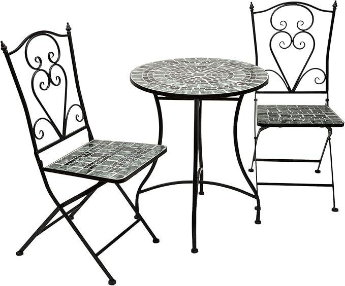 Alpine Corporation Indoor/Outdoor Marbled Glass Mosaic 3-Piece Bistro Set Folding Table and Chairs Patio Seating