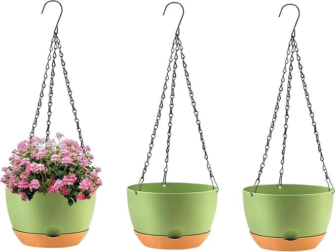 10 inch Hanging Planters for Indoor Outdoor Plants with Self-Watering Pots, 3 Pack Plastic Hanging Basket with Removable tray for Home Garden Porch Balcony Patio Decor(Green）