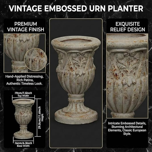 12 Inch Vintage Urn Planters for Outdoor Plants, Embossed Design Durable and Sturdy Resin Fiber Flowerpots with Drainage Hole, Decorative Orchid Houseplant Pot Indoor Outdoor Plant Container