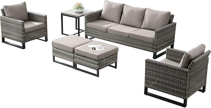 Rilyson Wicker Outdoor Patio Furniture Set - 6 Piece Patio Conversation Set with 2 Armrest Chairs,2 Rattan Ottoman,1 Couch and 1 Metal Side Table for Outside Porch Deck Backyard(Mixed Grey/Grey)