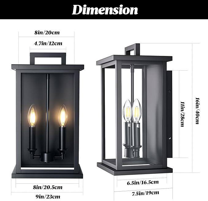 Large Outdoor Lights For House,Modern Exterior Lighting Fixtures,Black Outdoor Wall Lantern Sconce,2-Light Front Porch Garage Hallway Wall Mount Light With Thick Glass Shades Waterproof 2 Pack