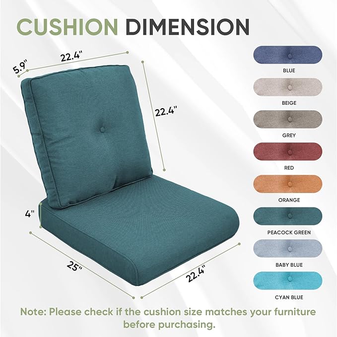Outdoor Chair Cushion Set of 2, Waterproof Outdoor Seat Cushions 25x22 , Patio Chair Cushions for Outdoor Furniture, Couch Cushion Replacement, Include 2 Back & 2 Seat Cushions, Button/PeacockGreen