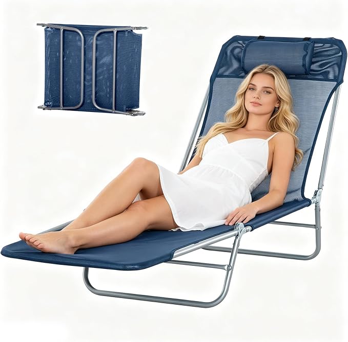 Outdoor Chaise Lounge with Detachable Pillow, Reclining Folding Chair with 5-Position Adjustable Back, Portable Tanning Chair for Beach, Pool, Lawn, Breathable Mesh Seat, No Assembly