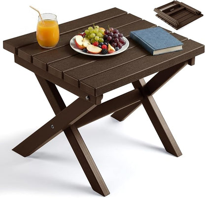 PASAMIC Folding Outdoor Side Table, HDPE Outdoor End Table, All-Weather Patio Table with 17.7" Wide Tabletop, No Assembly, for Porch, Deck, Poolside, Brown