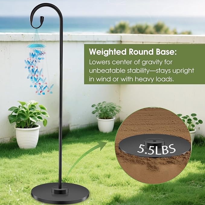 34-63" Adjustable Shepherd Hook Stand with Round Base Stand for Bird Feeders, Lanterns, Wind Chimes, Indoor and Outdoor Use on Patio, Yard or Porch
