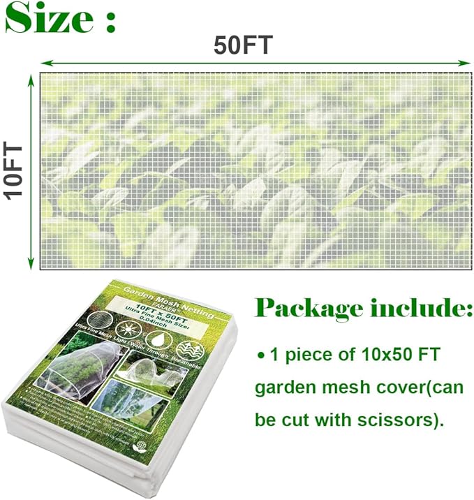 Garden Netting, Pest Barrier Plant Covers 10x50Ft Net Ultra Fine Mesh Protection Netting for Vegetable Fruits Flowers Crops Greenhouse Row Cover Raised Bed Insect Barrier Screen Protection Net Cover