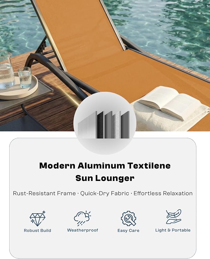 Set of 2 Patio Chaise Lounge Chairs, All-Weather Aluminum Pool Loungers for Outside, 5-Position Adjustable Sunbathing Chair for Deck, Backyard & Poolside, Rust-Proof, Solar Orange