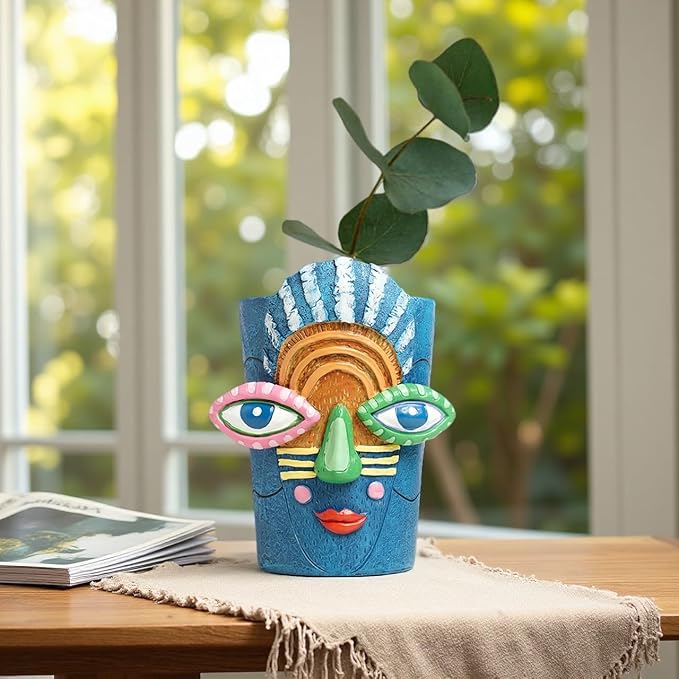 Picasso Abstract Face Flower Pot,Plant Pot with Facial Expressions,Handmade Resin Plant Pot with Drainage Holes,for Indoor and Outdoor Botanical Home décor (Blue Small)