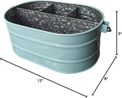 Galvanized Metal Caddy with 4 Compartments, Rustic Farmhouse Kitchen Indoor Outdoor Picnic Utensil Holder, Multipurpose Storage Bin, Metal Garden Planters - 12 Inch - Aqua