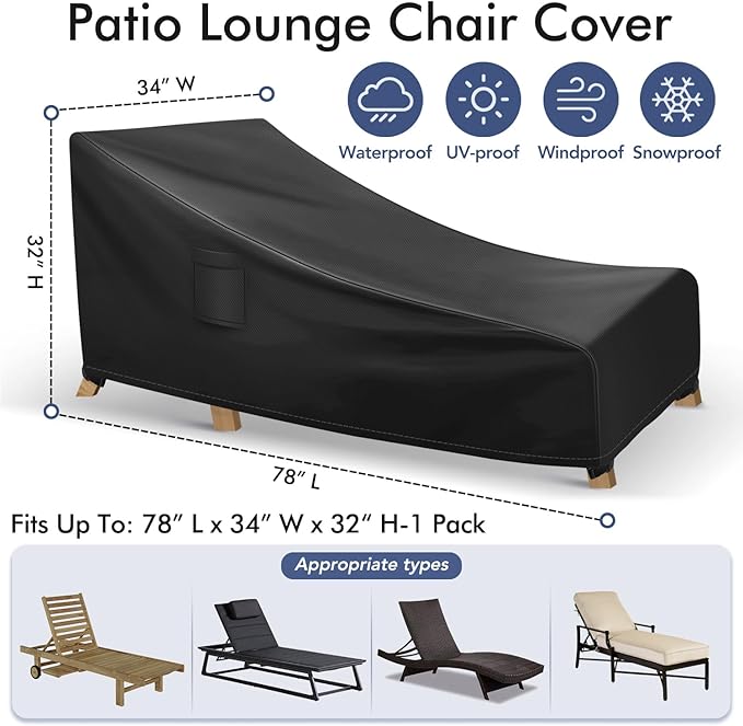 Chaise Lounge Covers Outdoor Waterproof, Heavy Duty Patio Furniture Covers, Fits up to 78L x 34W x 32H inches, 1 Pack, Black