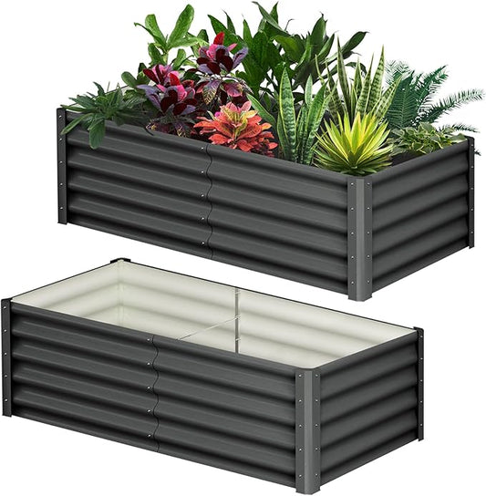 GarveeHome 6 * 3 * 1.5FT Raised Garden Bed Kit, Galvanized Raised Garden Beds Outdoor for Gardening, Above Planter Boxes, Large Garden Bed for Vegetables, Fruits, Dark Grey, 2 Pcs