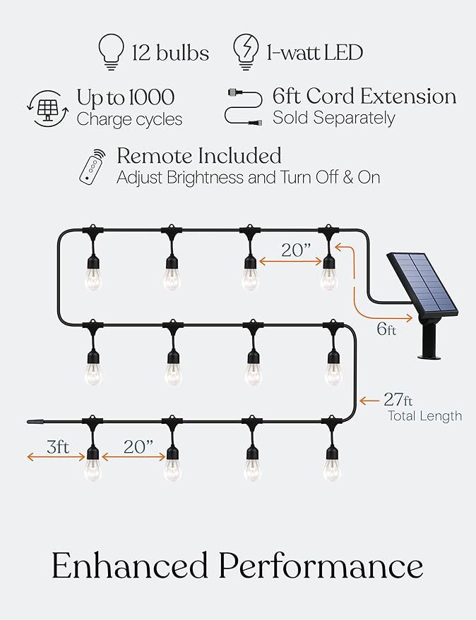 Brightech Ambience Pro – Solar Power Remote Control Outdoor String Lights with Edison Bulbs – Shatterproof, Commercial Grade LED Waterproof Patio Lights – 1W, 3,000K, Hanging, 27 ft