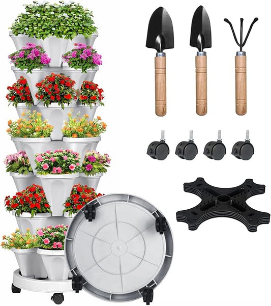 7 Tier Vertical Strawberry Planter-Tower Stackable Herb Planters-Stacking Garden Outdoor Planter Pot with Tools Mover for Flowers, Vegetables and Succulents, Light Grey