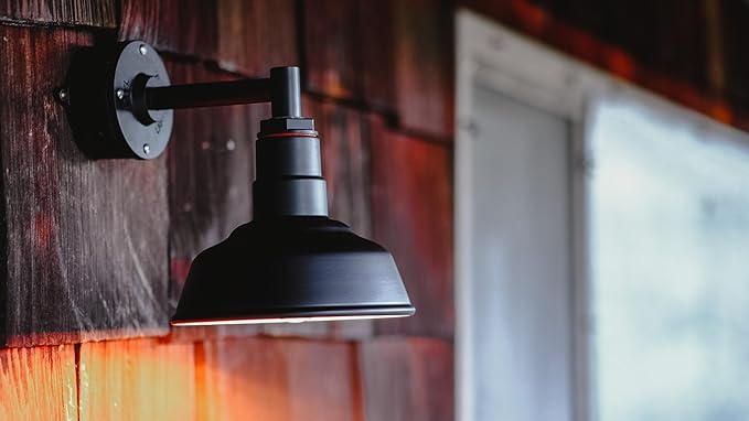 Steel Lighting Co. Hawthorne Barn Light | Outdoor Wall Mounted | 8 inch Dome | 16 inch Gooseneck| Small Farmhouse Light Made in America | Red Exterior/White Interior
