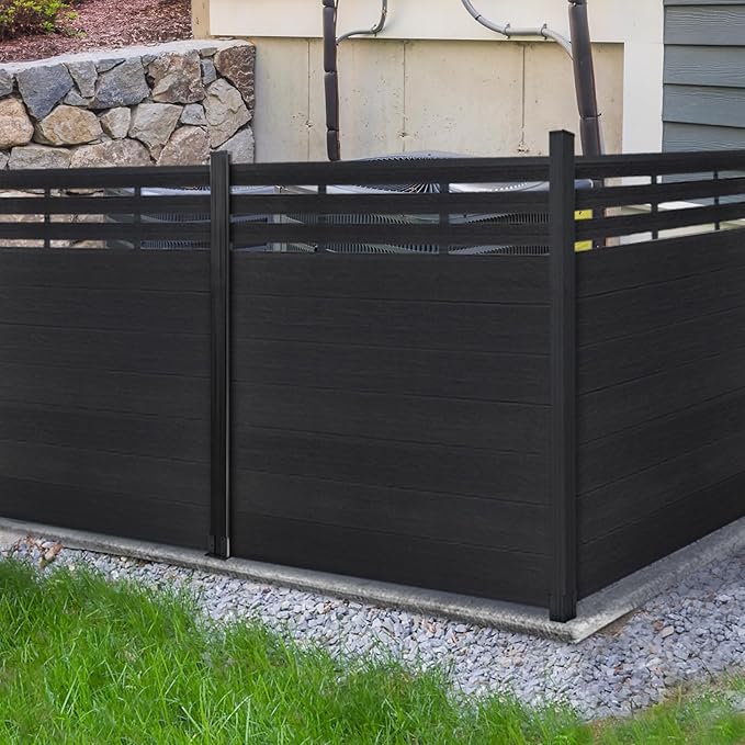 Mondaria Semi-Closed Privacy Fence Panels with 1 Post for Outside, 6ft(W) x 6ft(H), Wind Resistant Wood Plastic Composite Fencing Panels for Patio, Backyard, Garden and Pool, Black