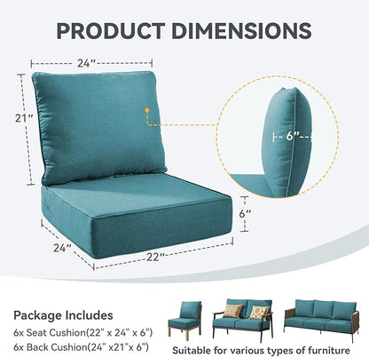 Outdoor Cushion Set for Furniture Patio Furniture, UV Resistant, Water Resistant - 6 Inch Thick Foam Garden Cushions– 22x24 Inch Patio Seat Covers for Chair/Sofa/Couch | Peacock Green | 6-Pack |