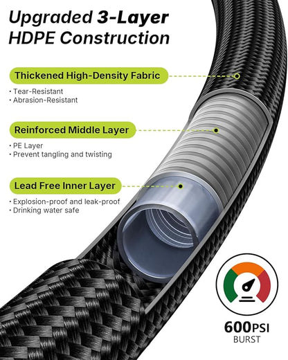 Garden Hose, Flexible Ultra Lightweight Durable, Kink-Free Water Hose with 10 Function Sprayer - Non-Shrinking, Easy to Store, All-Weather, High-Pressure, Black (25 FT)