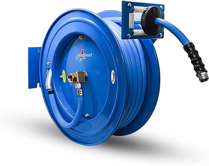 BLUSEAL BSWR1250HRS Retractable Hose Reel with 1/2" x 50' Hot Water Rubber Hose, 6' Lead-in, Hose Reel Swivel Mount, 9 Pattern Spray Nozzle