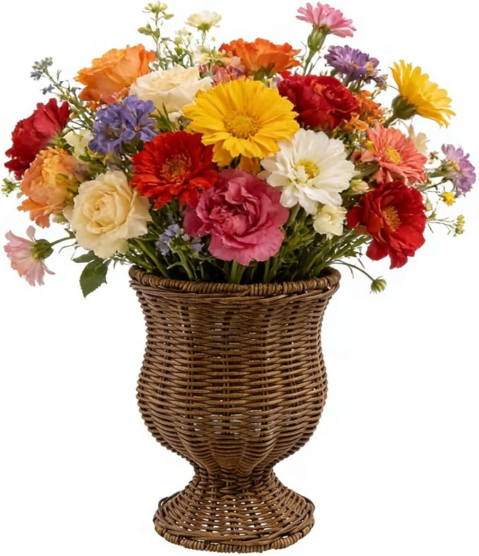 8 Inch Goblet Planter, Woven Rattan Look Resin Flower Pot with Sturdy Metal Frame, Decorative Indoor Outdoor Plant Pot, Rustic Brown Garden Container, for Flowers Herbs Patio Balcony Decor (2PC)
