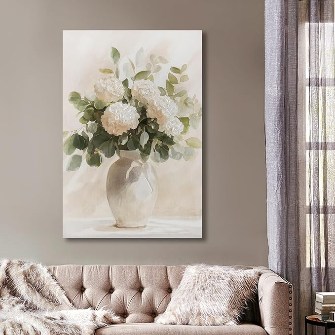 Hand painted Rustic Farmhouse Flower Canvas Wall Art, White Hydrangeas Wall Decor Pictures ,Soothing Calming Nature Botanical Vintage Floral Country Prints Artwork for Bedroom Living Room 16x24in