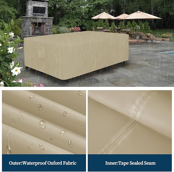 Easy-Going Rectangle Patio Furniture Cover Waterproof Outdoor Dining Table and Chair Cover Anti-UV Outside Sectional Sofa Set Covers (126"L x 63"W x 28"H, Camel)