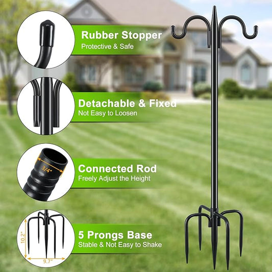 Gtongoko Bird Feeder Pole for Outdoors Heavy Duty, 2 Pack 77 Inch Double Shepherds Hook with 5-Prong Stable Base, 3/4 Inch Thick Hummingbird Feeder Stand for Hanging Plants, Lanterns